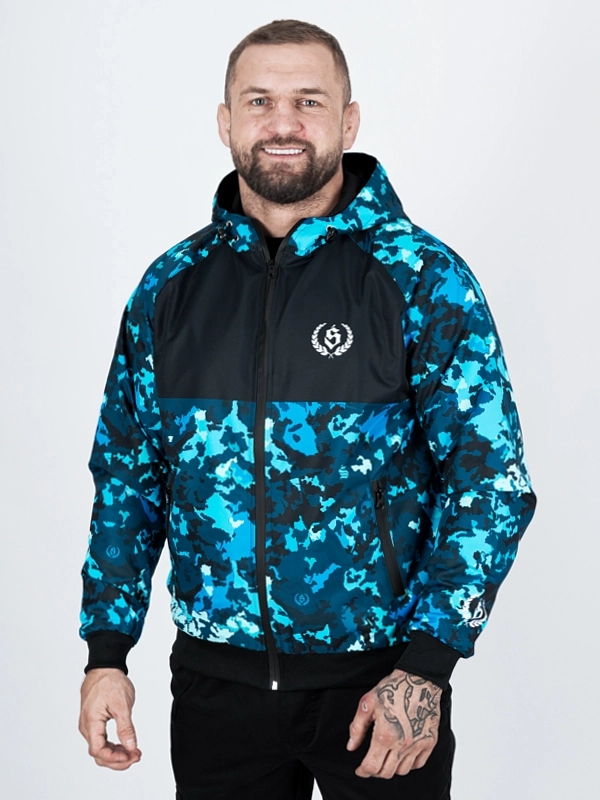 Kurtka wiatrówka z kapturem "Laur icon" - czarna / niebieska (Kolor: Niebieski - Nadruk: Sublimacja - Materiał: 100% Poliester - Płeć: Unisex - Rozmiar: S)