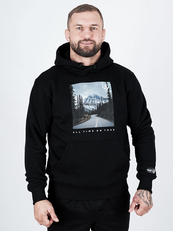 Bluza z kapturem "All time on tour" - czarna (Kolor: Czarny - Nadruk: DTG - Materiał: 80% Bawełna, 20% Poliester - Gramatura: 320g - Płeć: Unisex - Rozmiar: L)