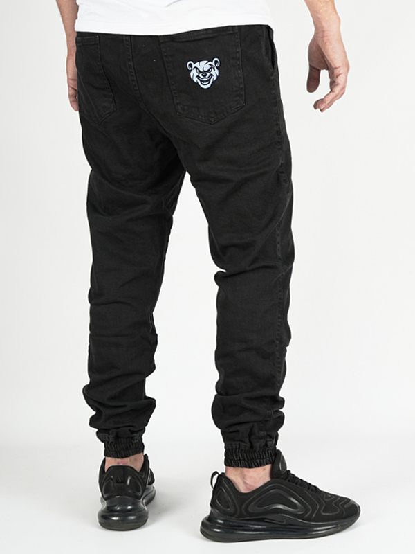 Spodnie Jeansowe Jogger "Miś" - Czarne / Białe (Kolor: Czarny - Nadruk: Haft - Materiał: 98% Bawełna, 2% Elastan - Gramatura: 240g - Płeć: Unisex - Rozmiar: L)