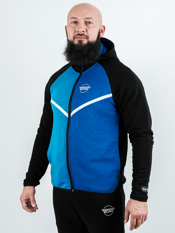 Bluza z kapturem rozpinana "Classic Tech" - czarna/niebiesko/granatowa (Kolor: Czarny - Nadruk: Sitodruk - Materiał: 80% Bawełna, 20% Poliester - Gramatura: 320g - Płeć: Unisex - Rozmiar: XL)