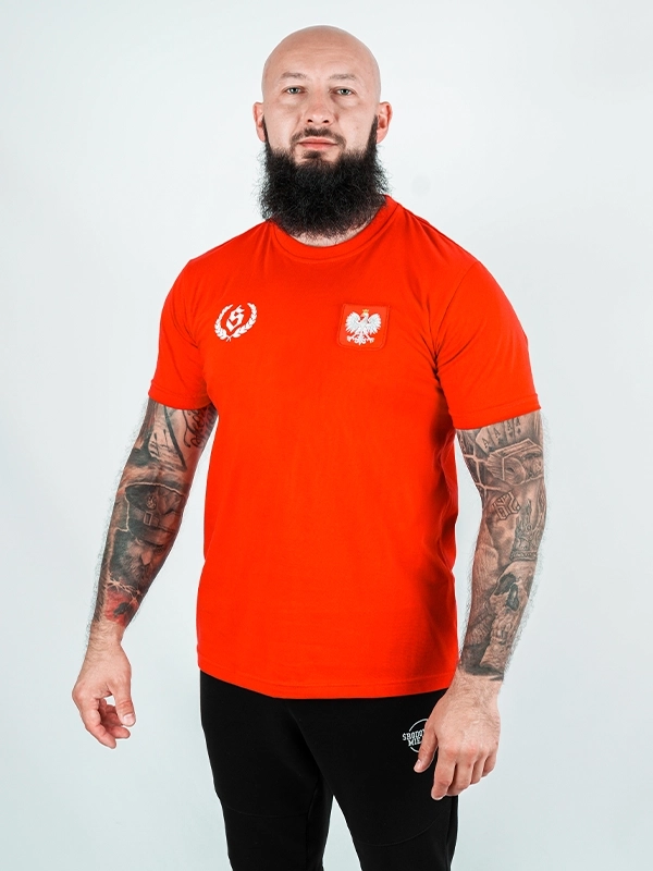 Koszulka "Polska - Laur small" - Czerwona / Biała (Kolor: Czerwony - Nadruk: Sitodruk - Materiał: 100% Bawełna - Gramatura: 180g - Płeć: Unisex - Rozmiar: XXL)