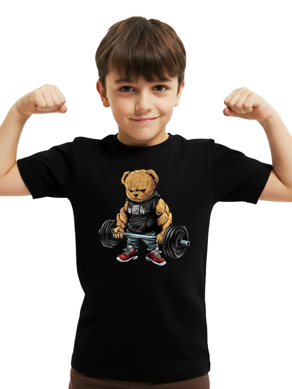 Koszulka dziecięca "Gym Bear" - czarna (Kolor: Czarny - Nadruk: DTF - Materiał: 100% Bawełna - Gramatura: 190g - Płeć: Unisex - Rozmiar: 134-140 (8-10 LAT))
